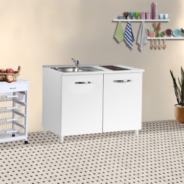 Kitchenette 120 mélèze blanc avec évier et plaque vitrocéramique 120x60x85H