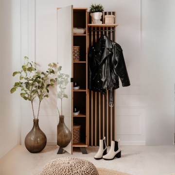 Armoire d'entrée avec façade striée et porte miroir Medan42A chêne anthracite 80x37x190H