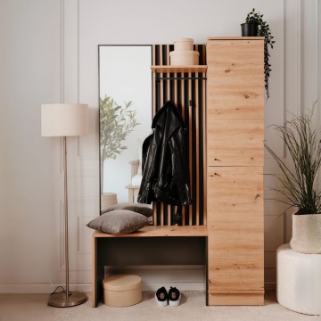 Meuble d'entrée avec façade striée et miroir Medan42B couleur chêne anthracite 122x37x190H