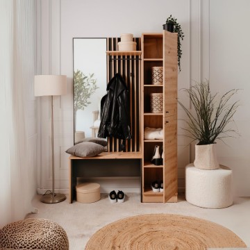 Meuble d'entrée avec façade striée et miroir Medan42B couleur chêne anthracite 122x37x190H