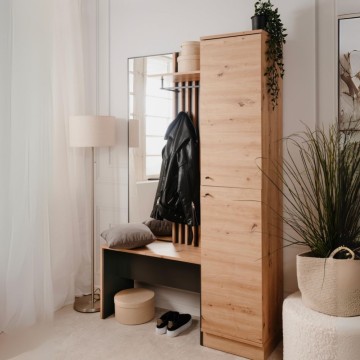 Meuble d'entrée avec façade striée et miroir Medan42B couleur chêne anthracite 122x37x190H