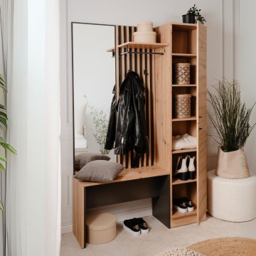 Meuble d'entrée avec façade striée et miroir Medan42B couleur chêne anthracite 122x37x190H