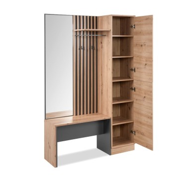 Meuble d'entrée avec façade striée et miroir Medan42B couleur chêne anthracite 122x37x190H