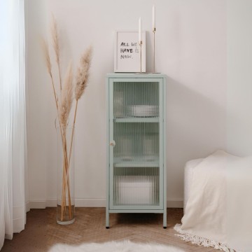 Vitrine Milton01 40x40x101.1H en verre trempé rainuré et acier laminé vert menthe