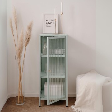 Vitrine Milton01 40x40x101.1H en verre trempé rainuré et acier laminé vert menthe