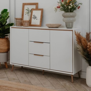 Buffet blanc avec détails en chêne 2 portes et 3 tiroirs Arona01B 135x38x90H