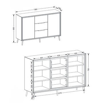 Buffet blanc avec détails en chêne 2 portes et 3 tiroirs Arona01B 135x38x90H