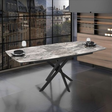 Table à rallonge avec plateau en marbre noir brillant effet arabesque et pieds en métal noir Filis 145x90x76H