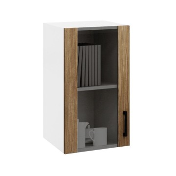 Meuble de cuisine 40 cm 1 porte noyer naturel et cadre blanc