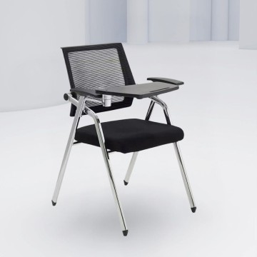 Chaise de bureau Loreto avec table pliante, dossier en maille noire et pieds chromés
