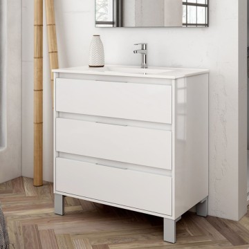 Meuble de salle de bain Bolton blanc 80x45x84H avec 3 tiroirs : design moderne et fonctionnalité sans compromis