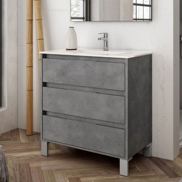 Armoire de toilette Bolton couleur ciment 80x45x84H avec 3 tiroirs : design moderne et fonctionnalité sans compromis