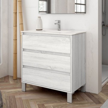 Armoire de salle de bain Bolton en chêne gris 80x45x84H avec 3 tiroirs : design moderne et fonctionnalité sans compromis