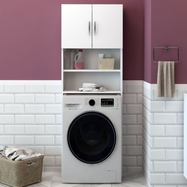 Armoire pour lave-linge 60x180 cm avec portes et étagères couleur blanc Armoire pour lave-linge 60x180 cm avec portes et étagères couleur blanc