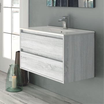 Armoire de toilette murale Bolton en chêne gris glacier 60x45x48H 2 tiroirs : design moderne et fonctionnalité