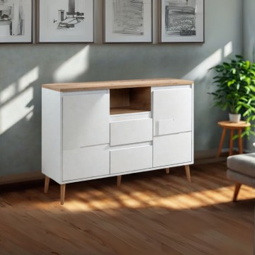 Buffet 2 portes et 2 tiroirs blanc avec plateau en chêne Linz01B 120x38x85H