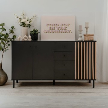 Buffet moderne 3 portes et 4 tiroirs noir avec bandes de chêne Monza 51C 160x40x90H