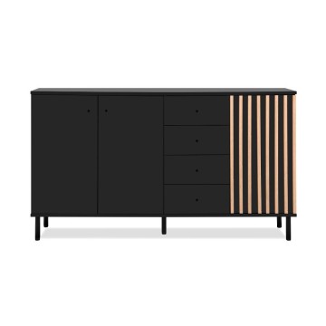Buffet moderne 3 portes et 4 tiroirs noir avec bandes de chêne Monza 51C 160x40x90H