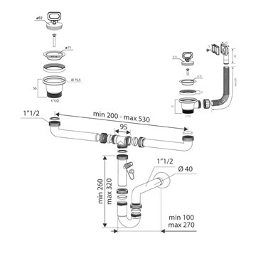 Siphon d'évier 2 voies 1" 1/2 avec vidange 2" et vidange lave-vaisselle SIFONE2VCONCEPT