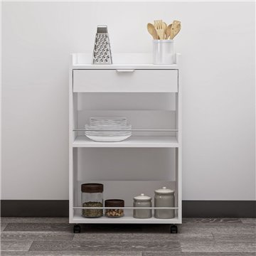 Liana chariot de cuisine blanc avec tiroir et compartiments ouverts 60x45x95H