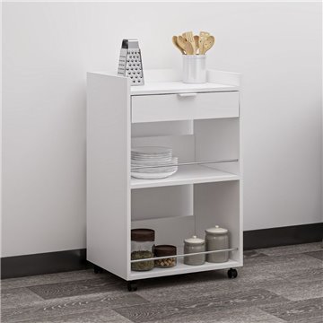 Liana chariot de cuisine blanc avec tiroir et compartiments ouverts 60x45x95H