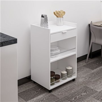Liana chariot de cuisine blanc avec tiroir et compartiments ouverts 60x45x95H