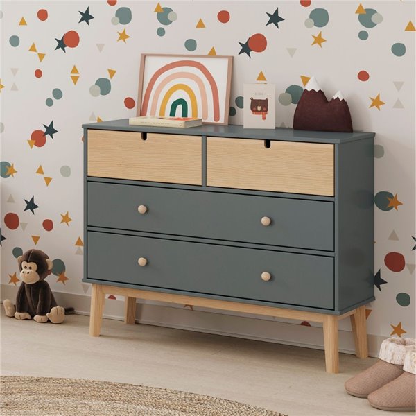 Commode 4 tiroirs vert kaki et pin Estefania 100x40x81H - Bois massif pour chambres douillettes Commode 4 tiroirs vert kaki et pin Estefania 100x40x81H - Bois massif pour chambres douillettes