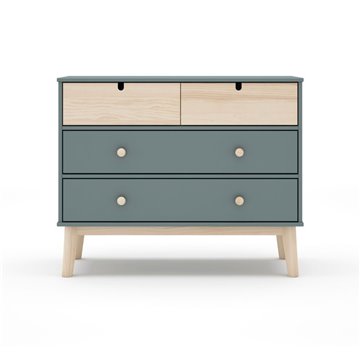 Commode 4 tiroirs vert kaki et pin Estefania 100x40x81H - Bois massif pour chambres douillettes