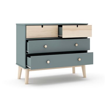 Commode 4 tiroirs vert kaki et pin Estefania 100x40x81H - Bois massif pour chambres douillettes