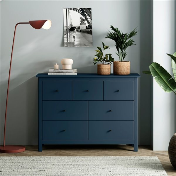 Commode Misti en bois massif bleu 110x40x820H - 7 Tiroirs, Design et organisation Commode Misti en bois massif bleu 110x40x820H - 7 Tiroirs, Design et organisation