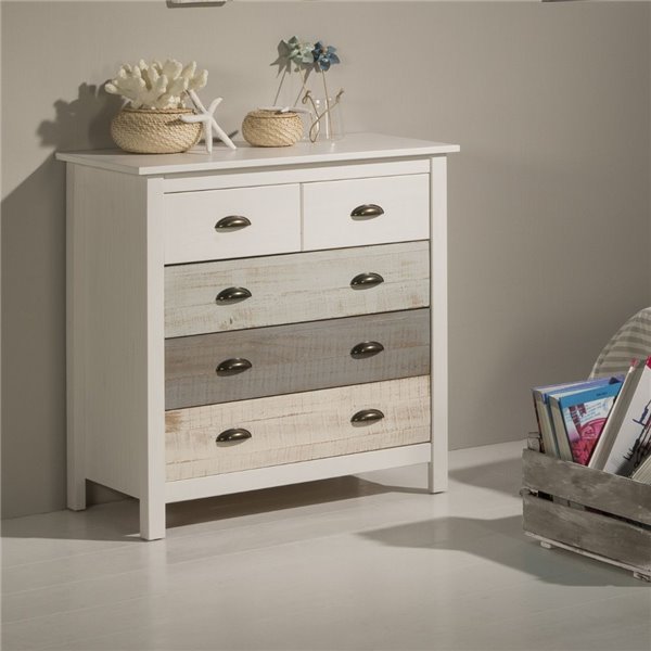 Romantica 79x40x80H Commode en bois massif gris et crème - Natural Elegance avec 5 tiroirs Romantica 79x40x80H Commode en bois massif gris et crème - Natural Elegance avec 5 tiroirs