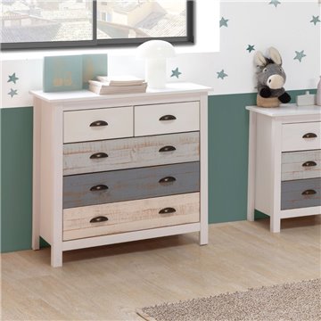 Romantica 79x40x80H Commode en bois massif gris et crème - Natural Elegance avec 5 tiroirs