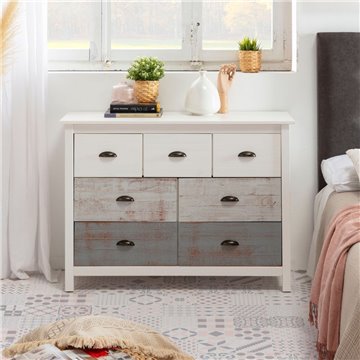 Commode Romantica 110x40x80H en bois massif blanc et gris - Natural Elegance avec 7 tiroirs