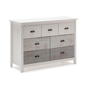 Commode Romantica 110x40x80H en bois massif blanc et gris - Natural Elegance avec 7 tiroirs