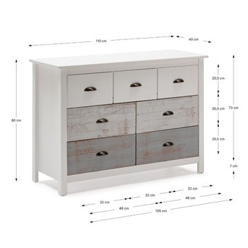 Commode Romantica 110x40x80H en bois massif blanc et gris - Natural Elegance avec 7 tiroirs