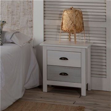 Romantica 46x35x49,5H table de chevet en bois massif blanc et gris - Natural Elegance avec 2 tiroirs