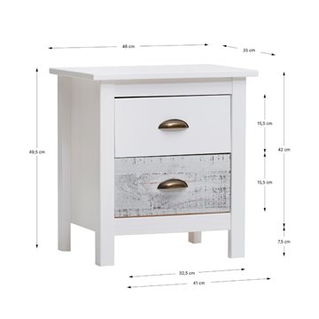 Romantica 46x35x49,5H table de chevet en bois massif blanc et gris - Natural Elegance avec 2 tiroirs