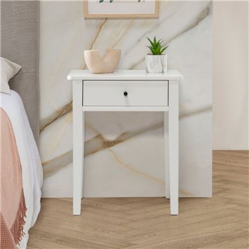 Table de nuit Bart en bois blanc massif et tiroir - Elégance et fonctionnalité au quotidien