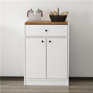 Meuble polyvalent Viola avec 2 portes et 1 tiroir 64x45x90H - Blanc avec plateau en chêne foncé