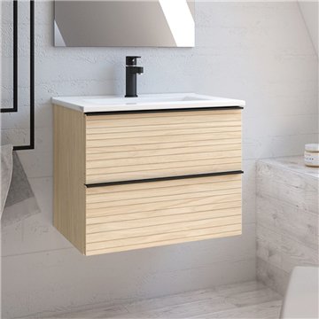 Senda armoire de toilette murale chêne clair effet strié avec 2 tiroirs 80x45.5x48H