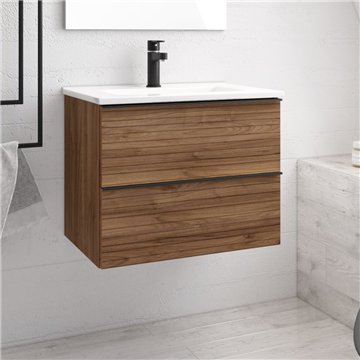 Senda meuble de salle de bain mural en noyer rainuré avec 2 tiroirs 80x45.5x48H