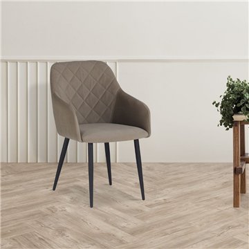 Chaise Rarra en tissu gris tourterelle avec dossier géométrique et pieds noirs - Confort pour environnements modernes