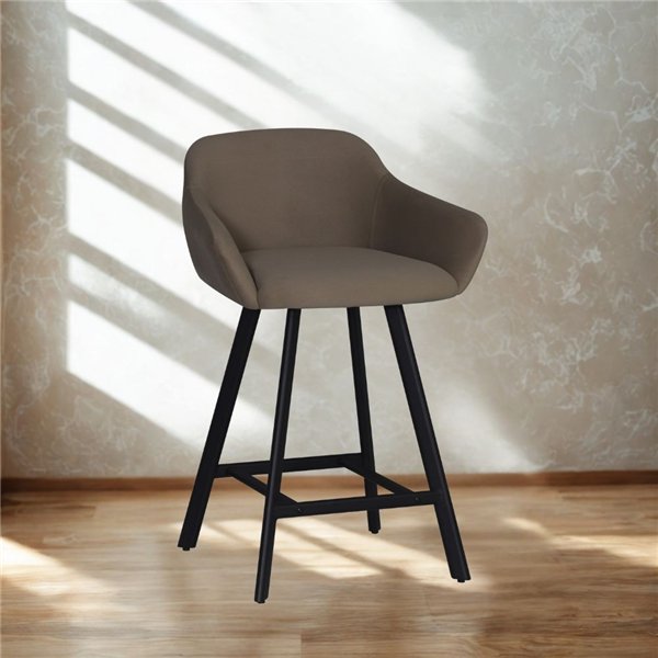 Tabouret Mey gris tourterelle avec assise rembourrée et pieds en métal noir - Elégance et confort pour l'espace snack Tabouret Mey gris tourterelle avec assise rembourrée et pieds en métal noir - Elégance et confort pour l'espace snack