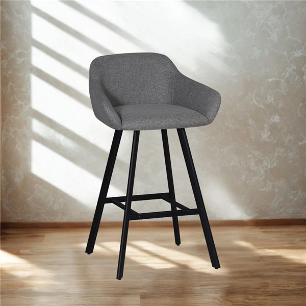 Tabouret Mey gris cendré avec assise rembourrée et pieds en métal noir - Elégance et confort pour l'espace snack Tabouret Mey gris cendré avec assise rembourrée et pieds en métal noir - Elégance et confort pour l'espace snack