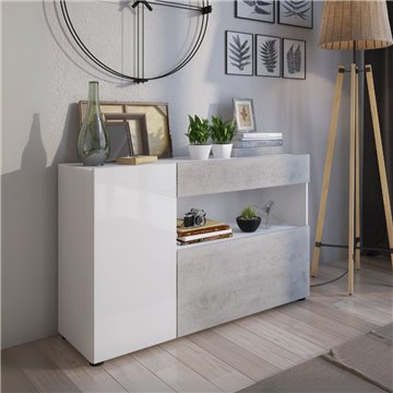 Buffet Astra ciment et blanc avec 2 portes tiroirs et compartiment ouvert 130x41.2x82H