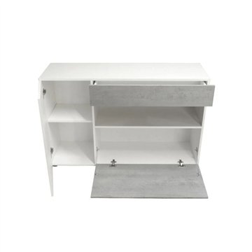 Buffet Astra ciment et blanc avec 2 portes tiroirs et compartiment ouvert 130x41.2x82H