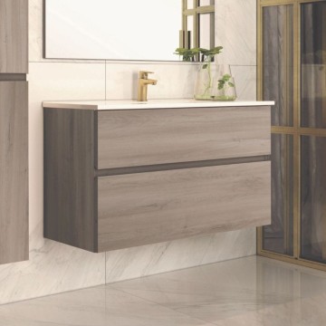 Armoire de toilette murale 100 cm chêne gris avec 2 tiroirs - Mancys