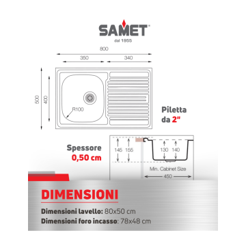 Evier 1 bac et égouttoir gauche 80x50 - Samet