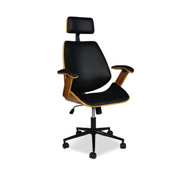Fauteuil de bureau James en cuir noir et détails en bois