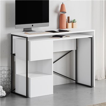 Bureau blanc extensible et peu encombrant Badau avec structure en métal noir - Fonctionnalité et style